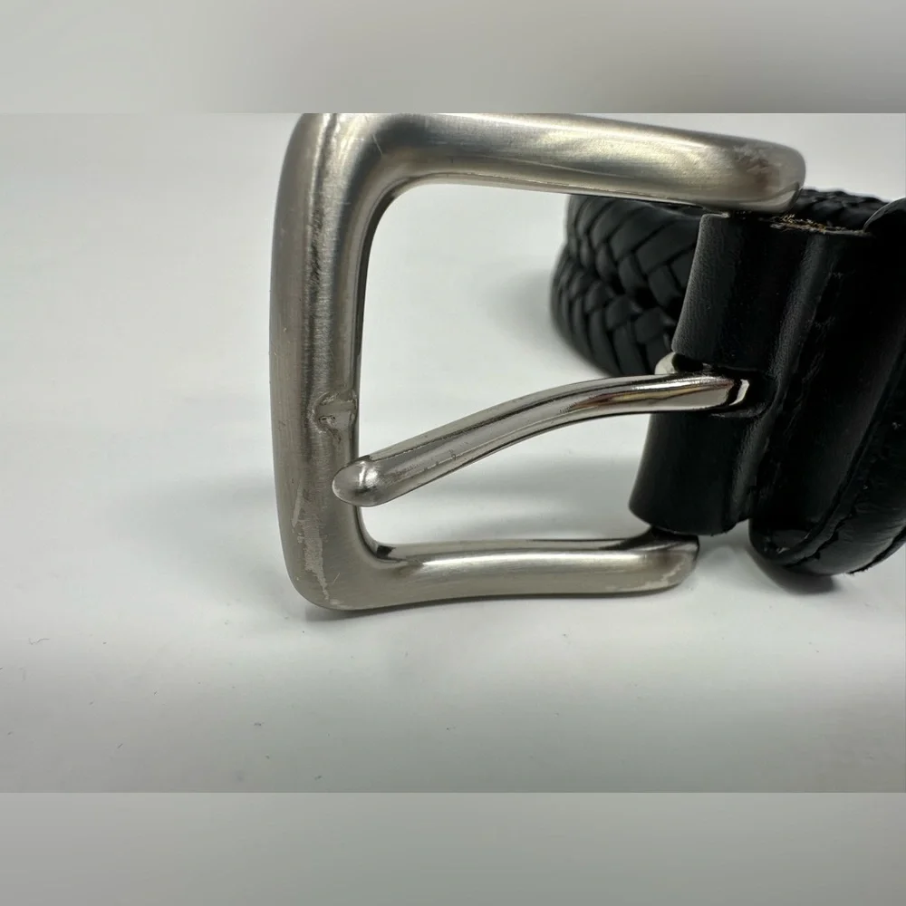 Tommy Hilfiger Braided Belt Mens 38/95 Black Leather Trim Casual Silver‎ Buckle